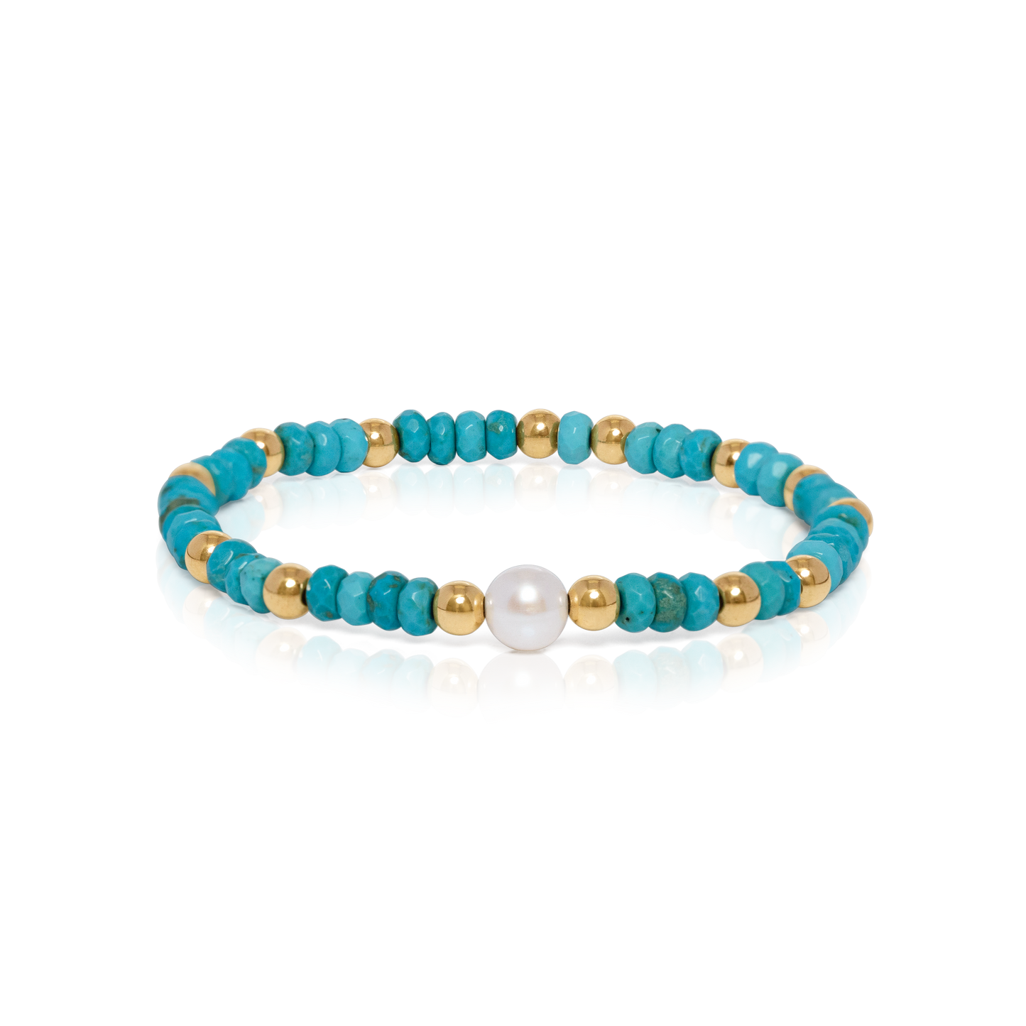 Bracelet with blue, gold, and pearl beads on a white background