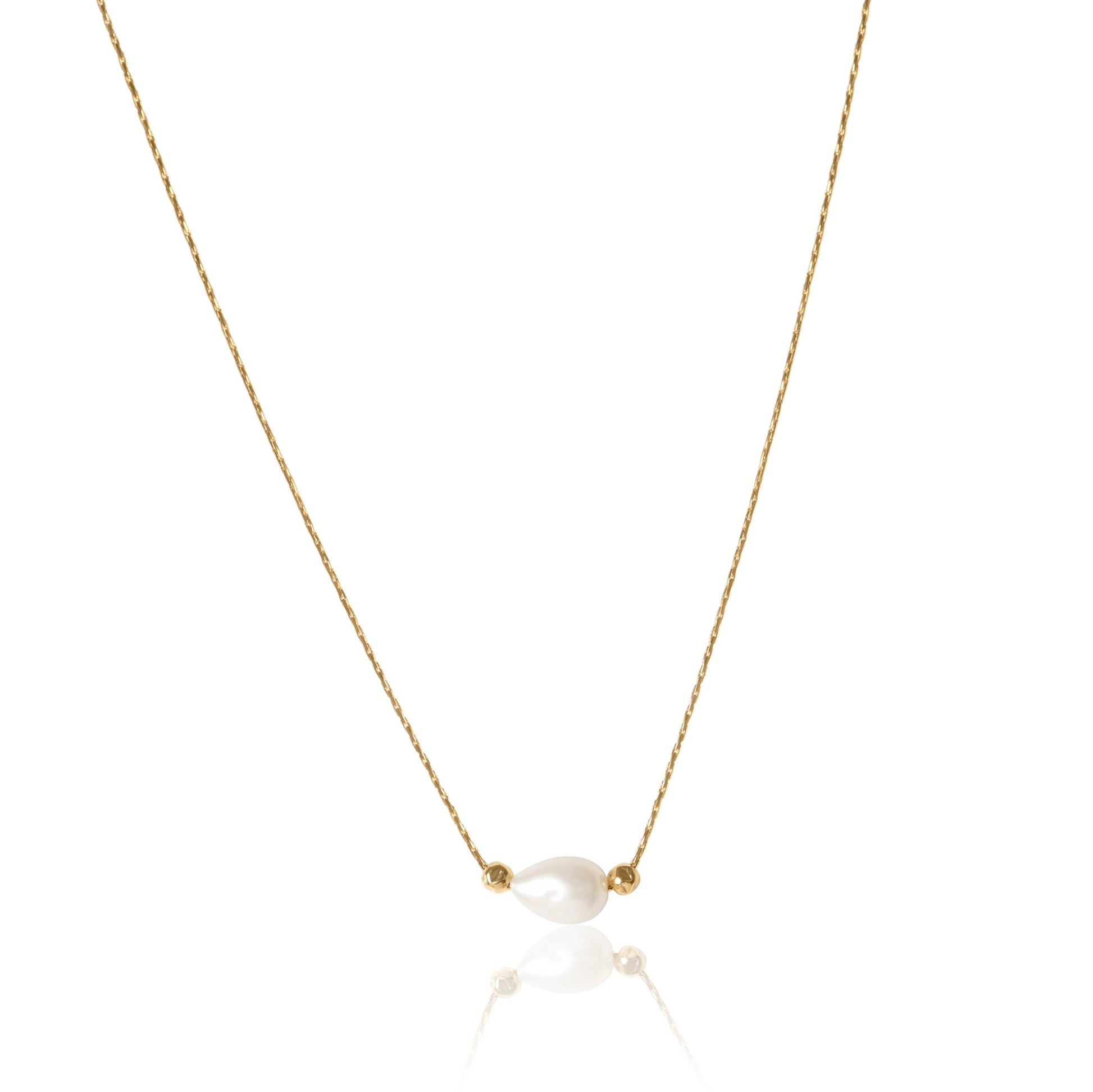 Gold necklace with a pearl pendant on a white background